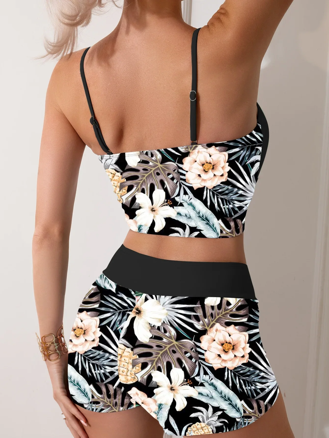 Vintage preto floral impressão conjuntos de biquinis feminino plissado push up cordão cintura alta maiô tankini 2025 maiô