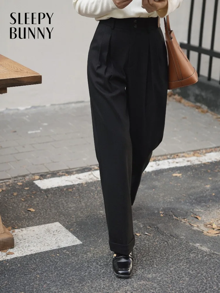 ハイウエストウール風パンツ レディース 厚手 暖かい ワイドレッグパンツ エレガント 冬用 ルーズフィット テーラードスラックス デイリーシックスタイル