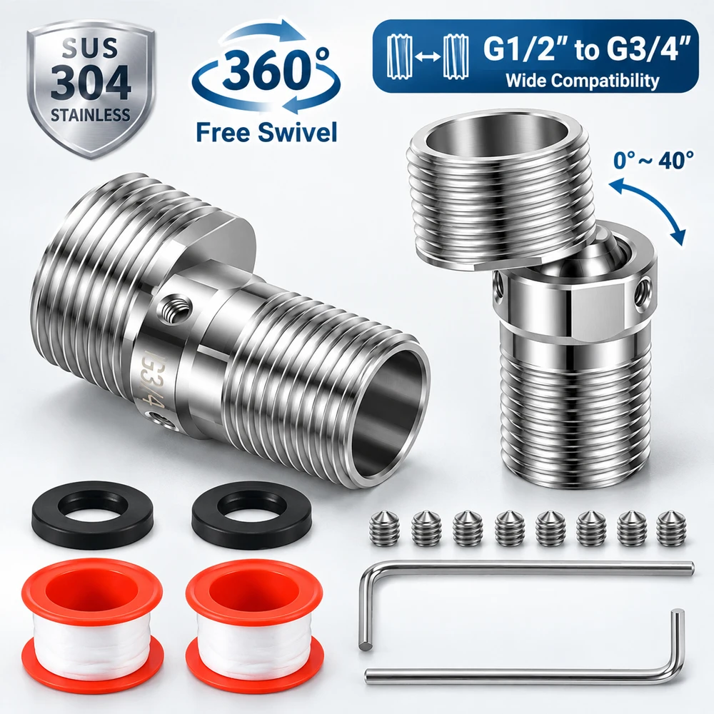 Shower Head Swivel Adapter 360 Degree Adjustable 304 Stainless Steel G1/2 G3/4 Thread Connector 2 Pack Bathroom Sink Pipe Offset