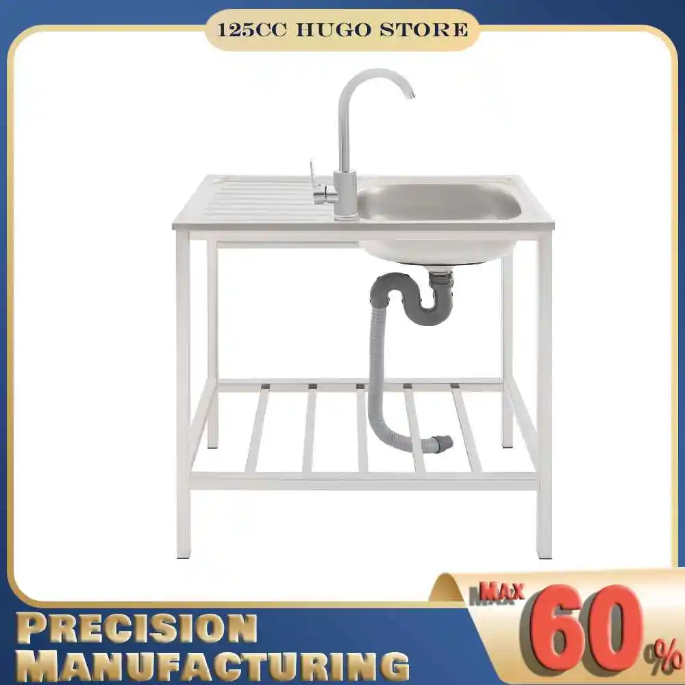 

Free Standing Stainless Steel Sink Single Bowl Kitchen Sink with Bottom Shelf, 30kg Load Capacity Commercial Sink with Faucet