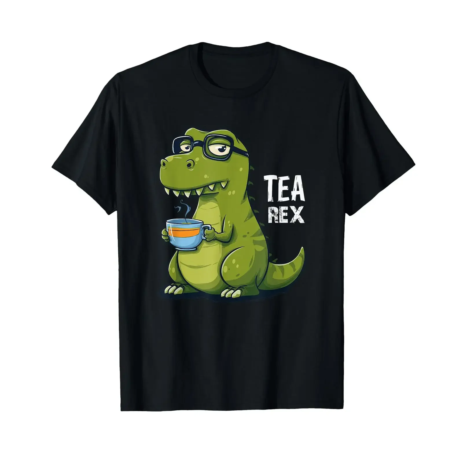 Tea Rex Funny Dino with Cup T Shirt vintage Washed Comfortable Soft Versatile Slightly fashion Stretched Casual