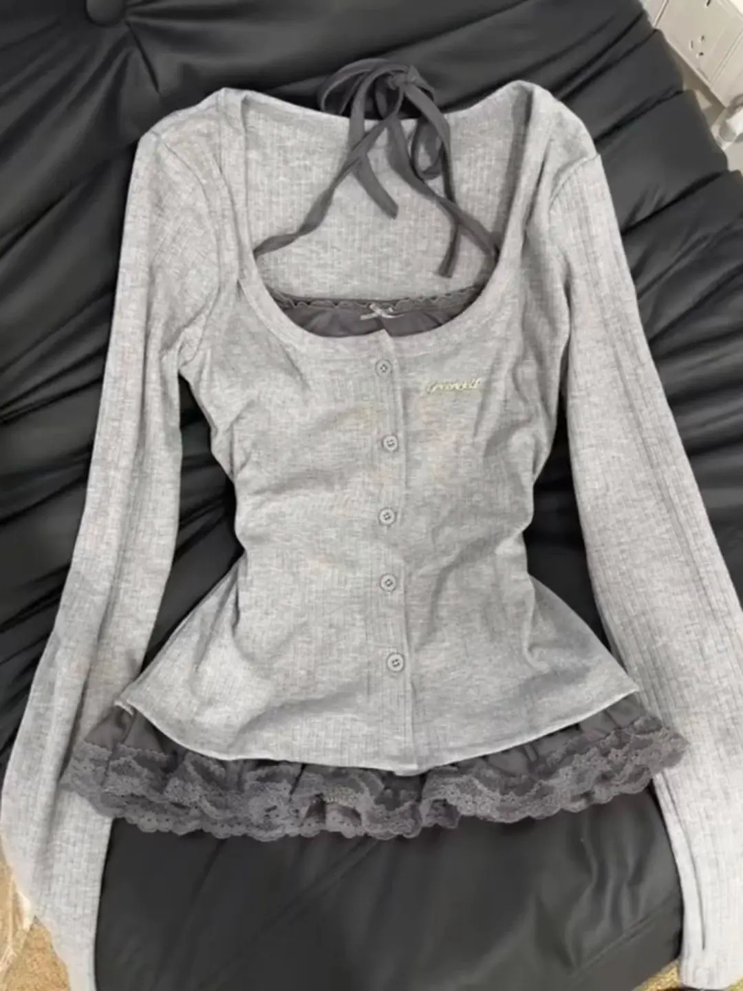 

Japan Fashion Women Tops Y2K Vintage Fake Two-Piece Design Casual Lace Long Sleeves 2000s Gyaru Oversized T-shirt Woman Clothes