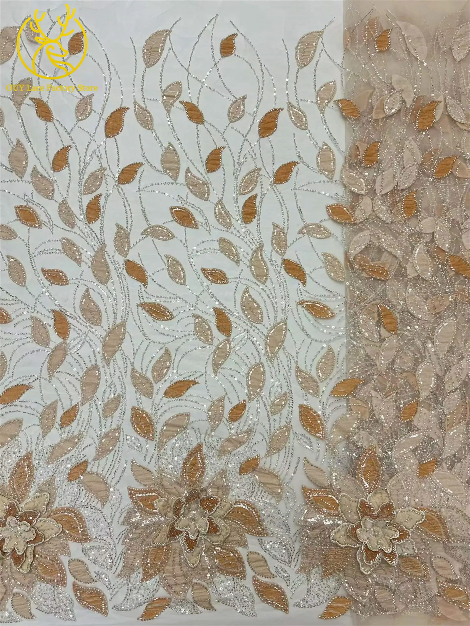 3D-Blumen handgefertigter Perlen-Spitzenstoff, afrikanischer Spitzenstoff, exquisiter nigerianischer Pailletten-Tüll-Spitzenstoff für Hochzeitskleider zum Nähen – Detail 11
