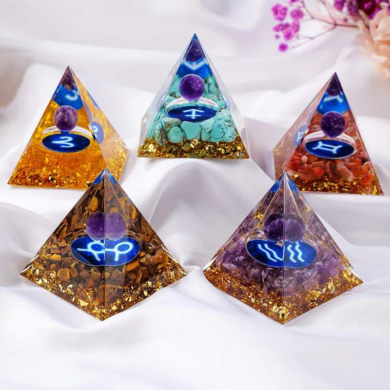 Natural Stone Crystal Chips 12 Constellation Pyramid  Resin Glue Home Desk Decoration Spiritual Energy Reiki Healing Gift