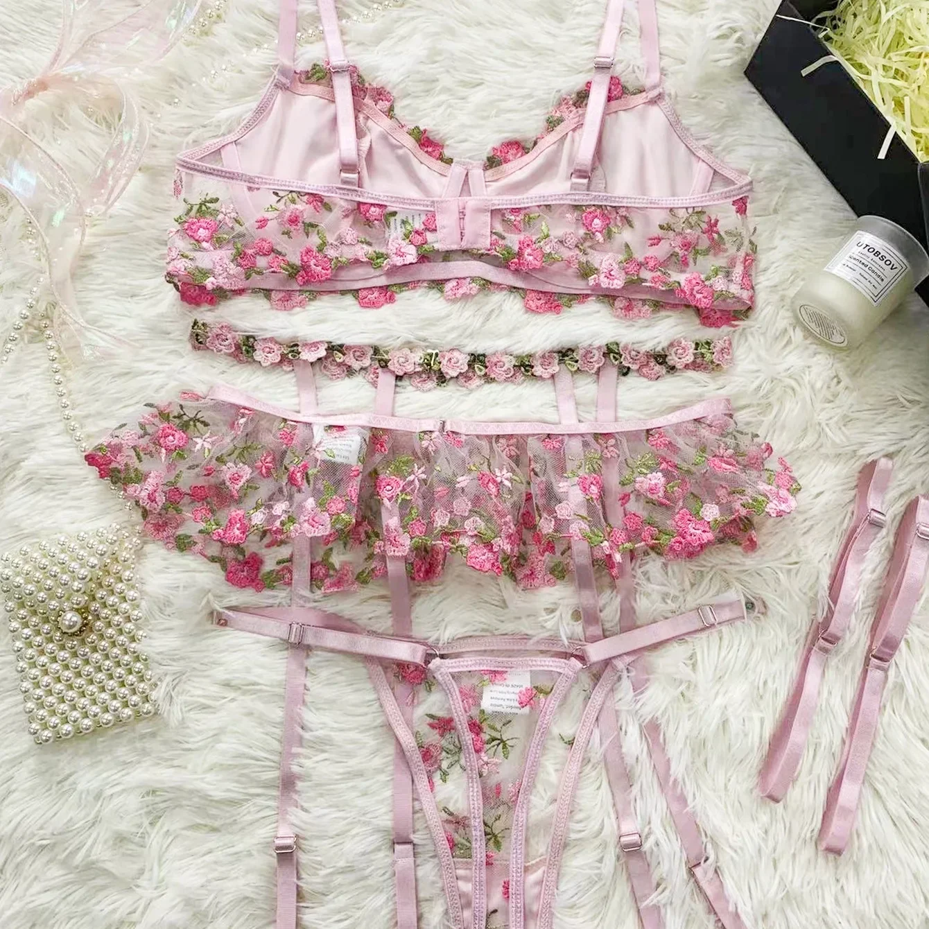 

Three Point Style Sexy Uniform Lingerie Set Women's Pure Desire Style Hollow Out Lace Hanging Socks Sexy Lingerie Four Piece Set