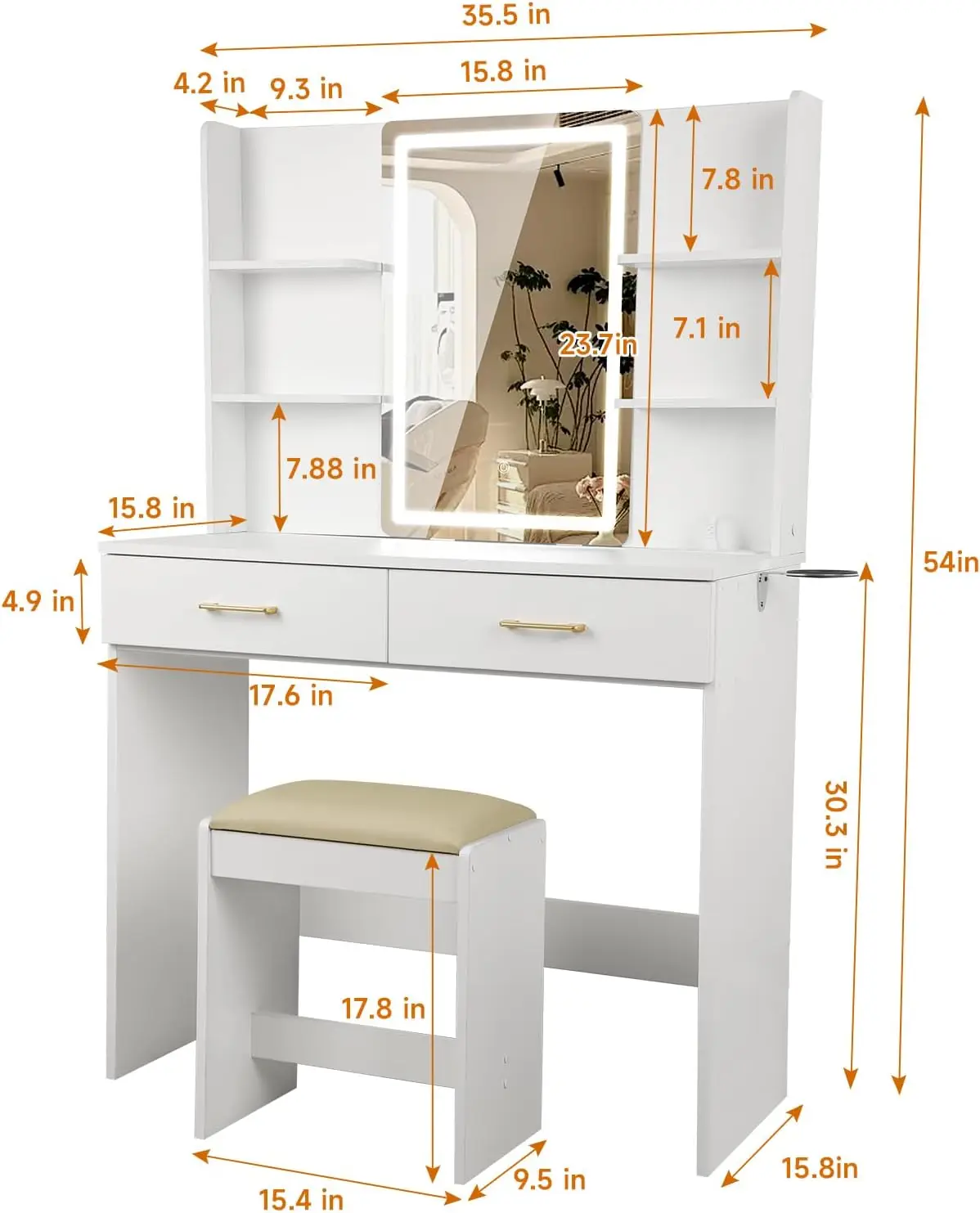 Set meja rias dengan cermin dan bangku dan lampu, meja rias dengan cermin & Outlet daya, meja rias dengan laci, meja rias putih