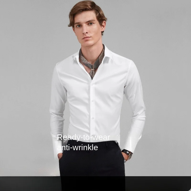 White shirt men\'s long sleeved light luxury high-end business shirt wrinkle resistant business black formal size shirt