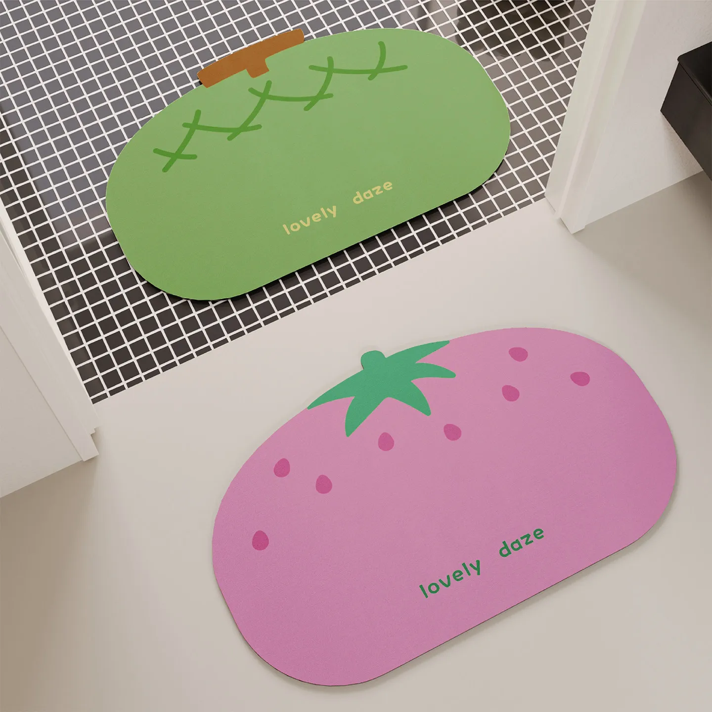 VIKAMA Cute Pink Strawberry Shaped Bath Mat Non Slip Washable Absorbent Floor Rug Sweet Girls Bedroom Bathroom Decor Mat