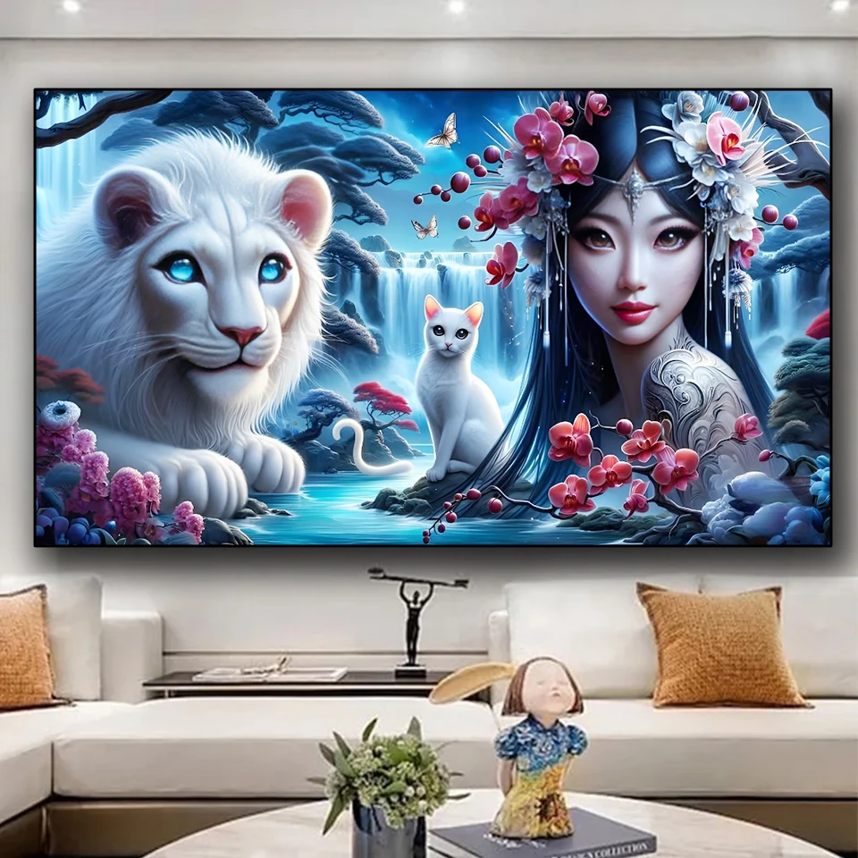 

Diamond Art Fantasy Waterfall Forest White Lion Woman Painting DIY Full Embroidery Kit diamonds Mosaic Home Decor Cross Stitch
