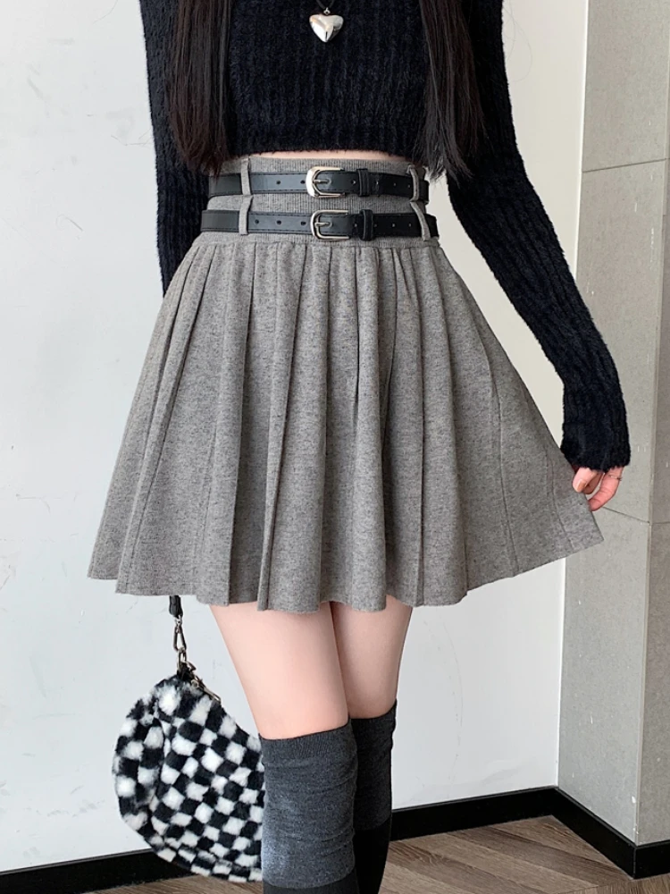 

QiukichonsonBlack Grey Gothic Lolita Mini Skirt Women Autumn Winter Teen Girls High Waisted Knitted Skirts Pleated tutu femme