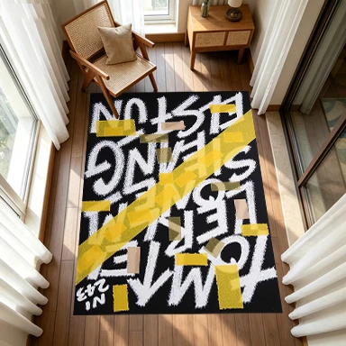 Black Background White Graffiti Text Yellow Tape Art Carpet Flooring, Modern Abstract Non-Slip Floor Rug for Living Room Bedroom Home Decoration