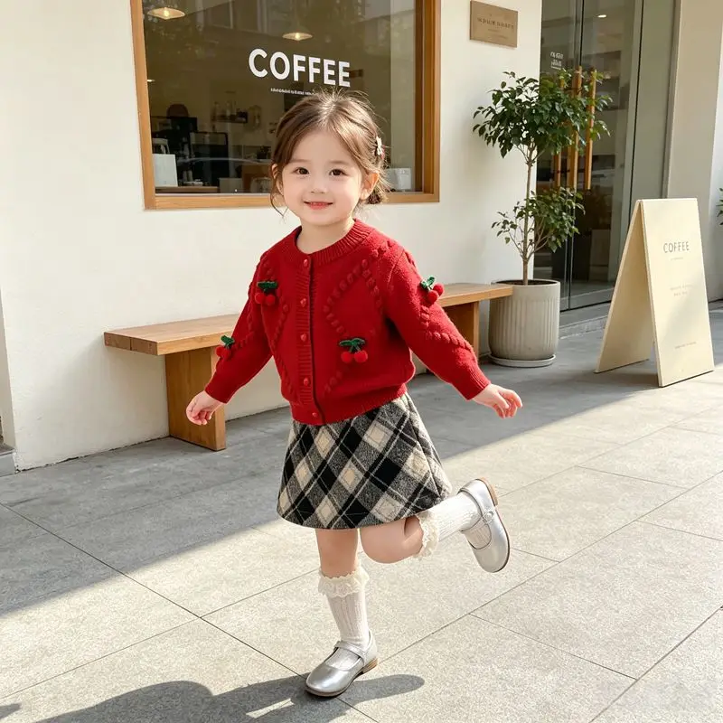 Children's sweater two-piece set Girls' new spring and autumn children's cherry knitted sweater plaid skirt set