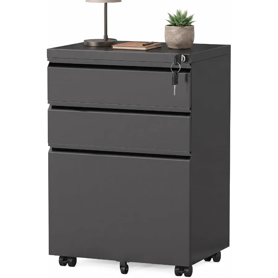 Fully Assembled 3-Drawer Mobile File Cabinet with Lock, Under Desk Storage