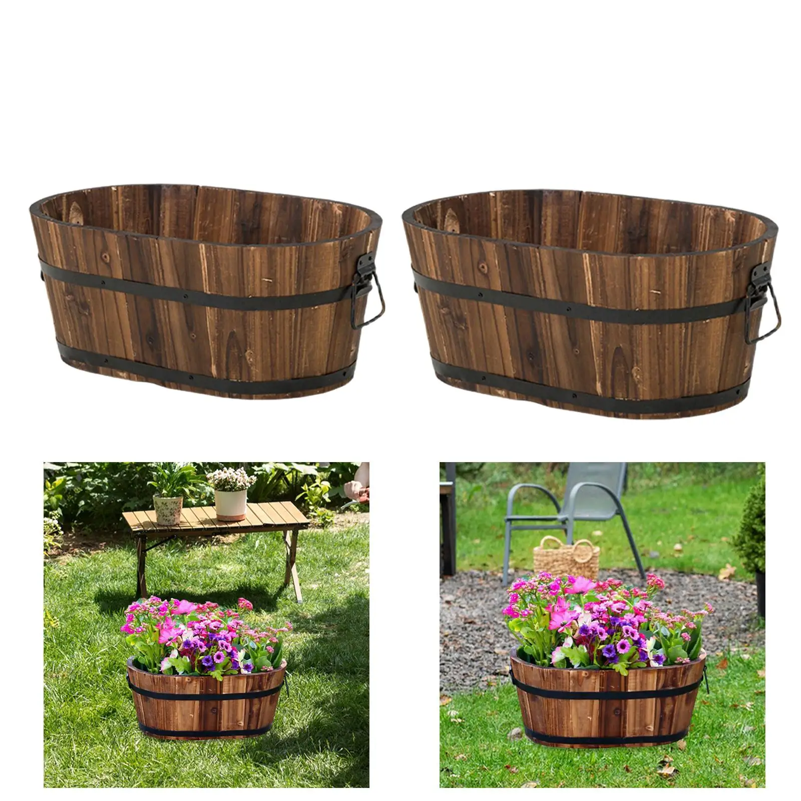 Wooden Barrel Planter Multipurpose Plant Container Rustic with Drainage Hole for Tabletop Front Yard Bedroom Wedding Balcony