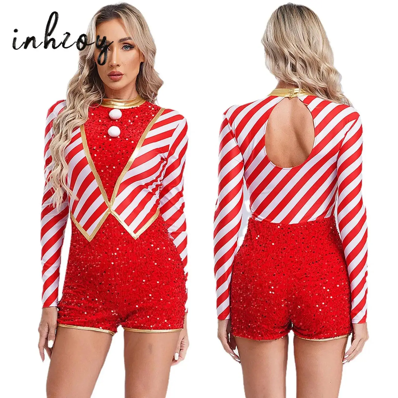 

Candy Cane Striped Sequin Latin Jazz Shorty Unitard for Women Christmas Dance Performance Bodysuit Jumpsuit Costume Dancewear