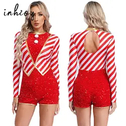 Candy Cane Striped Sequin Latin Jazz Shorty Unitard for Women Christmas Dance Performance Bodysuit Jumpsuit Costume Dancewear
