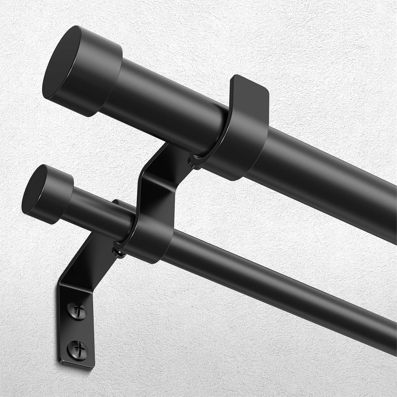 Black Double Curtain Rod, 36-72 Inch Dual Rods with Aluminum End Caps, 1 Inch Heavy Duty Telescopic Metal Drapery Set