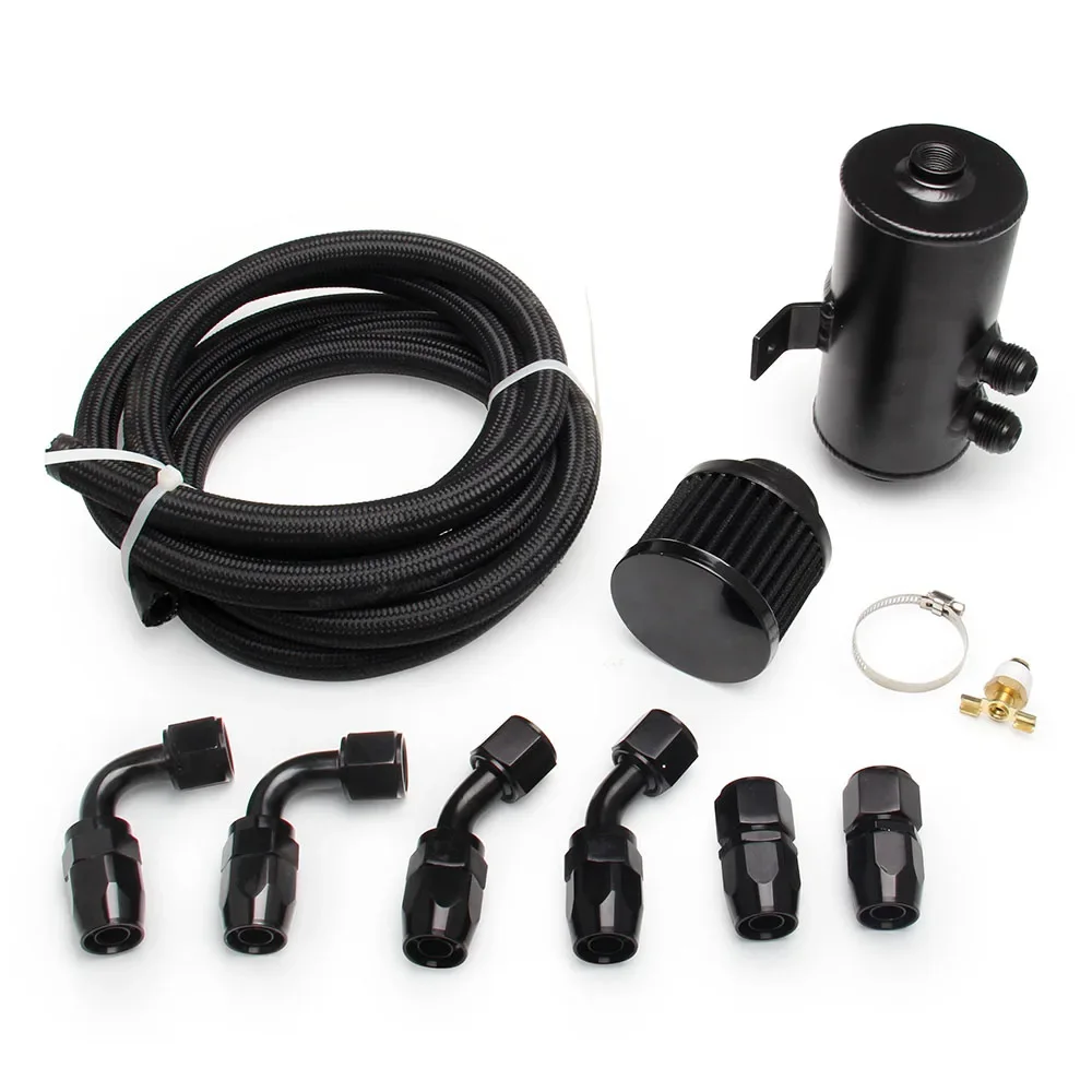 Universal Racing Baffled Aluminum Oil Catch Can 2-Port Reservoir with Drain Valve Breather Cylinder Filter Braided tubing Kit