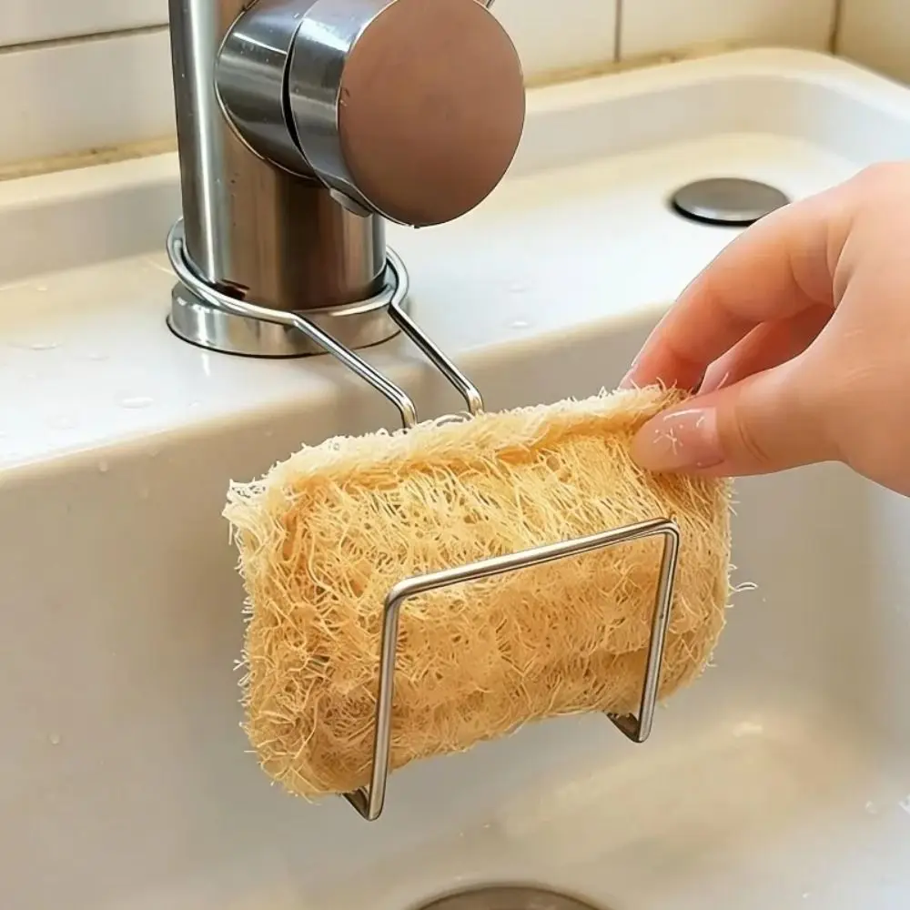 Stainless Steel Sink Sponge Drain Rack No-Drill Simple Faucet Hook Adjustable Steel Wire Ball Holder Kitchen Use