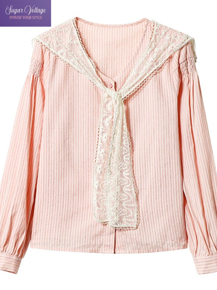 

Корейская милая розовая кружевная блузка с шалью, женская осенняя рубашка в полоску с длинным рукавом, французский свободный крой, топ, нежный женский шикарный повседневный стиль