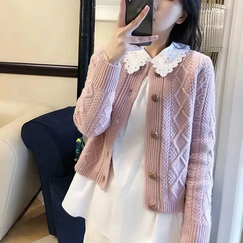 2024 Spring And Autumn New Sweater Loose Joker Lazy Wind Vintage Twisted Knitted Cardigan Jacket Solid Color Bottoming Shirt