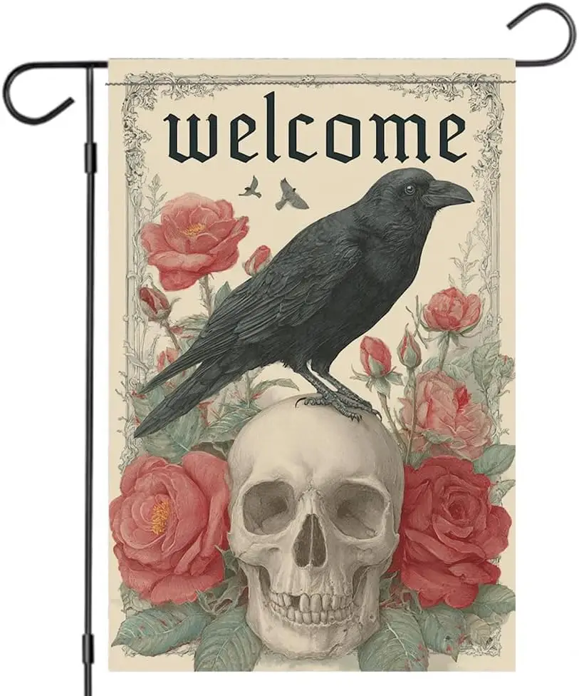 Linen material- Welcome Garden Flag 11.81 x 17.72 inch Gothic Crow Skull Rose Design Vintage Floral Yard Decoration for Outd GGX