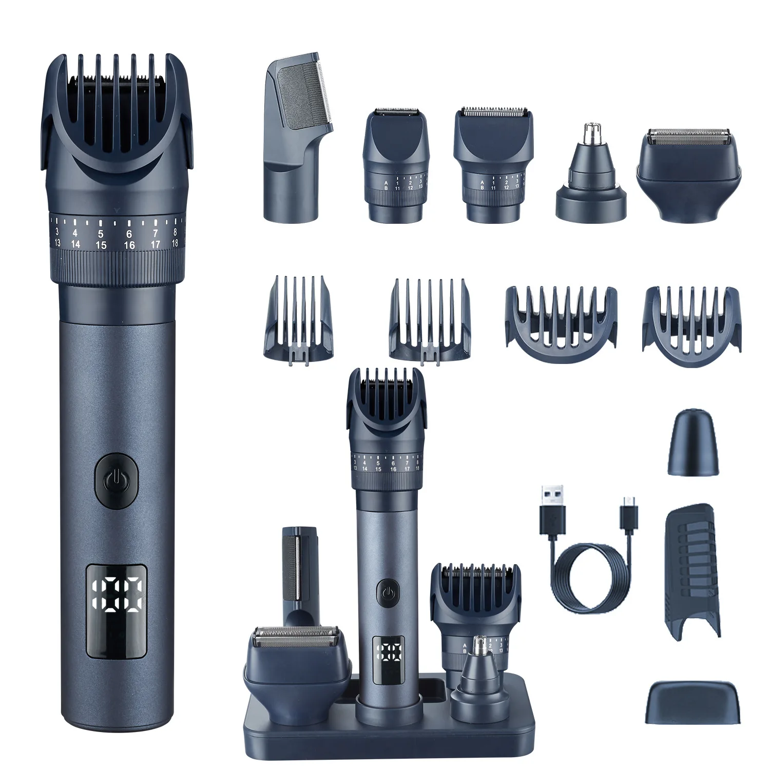 

Мужской набор для ухода за волосами 5-в-1, многофункциональная машинка для стрижки волос с ЖК-дисплеем, водонепроницаемый перезаряжаемый триммер для бороды, носа, волос на теле