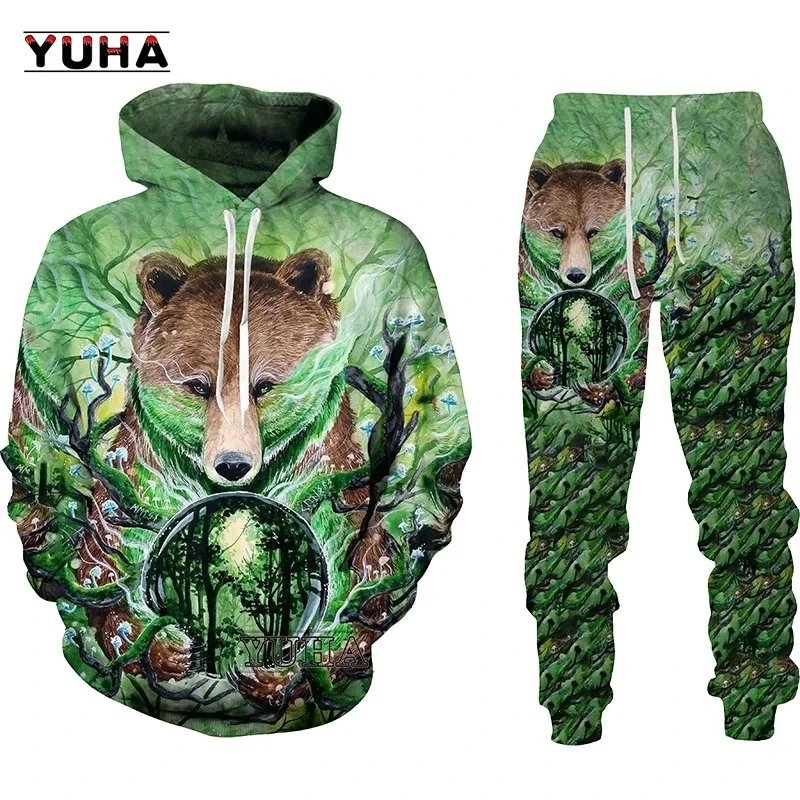 Sudadera con capucha para hombre, suéter con estampado 3D de oso, trajes de cazador, chándal de moda, pantalones de chándal geniales, ropa de