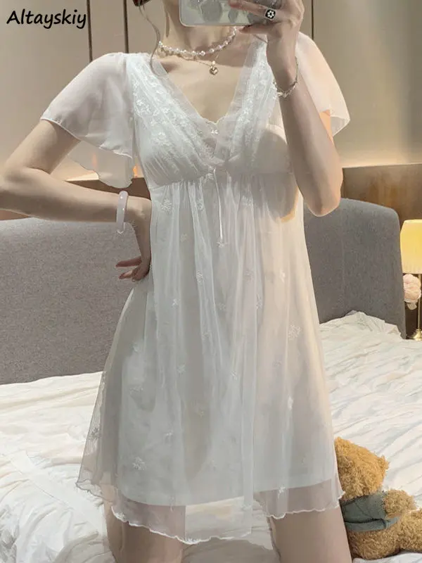 Lace Nightgowns Women High Waist Sweet Korean Style Princess Casual A-line Embroidery Trendy Nightwear Solid Ladies Temperament