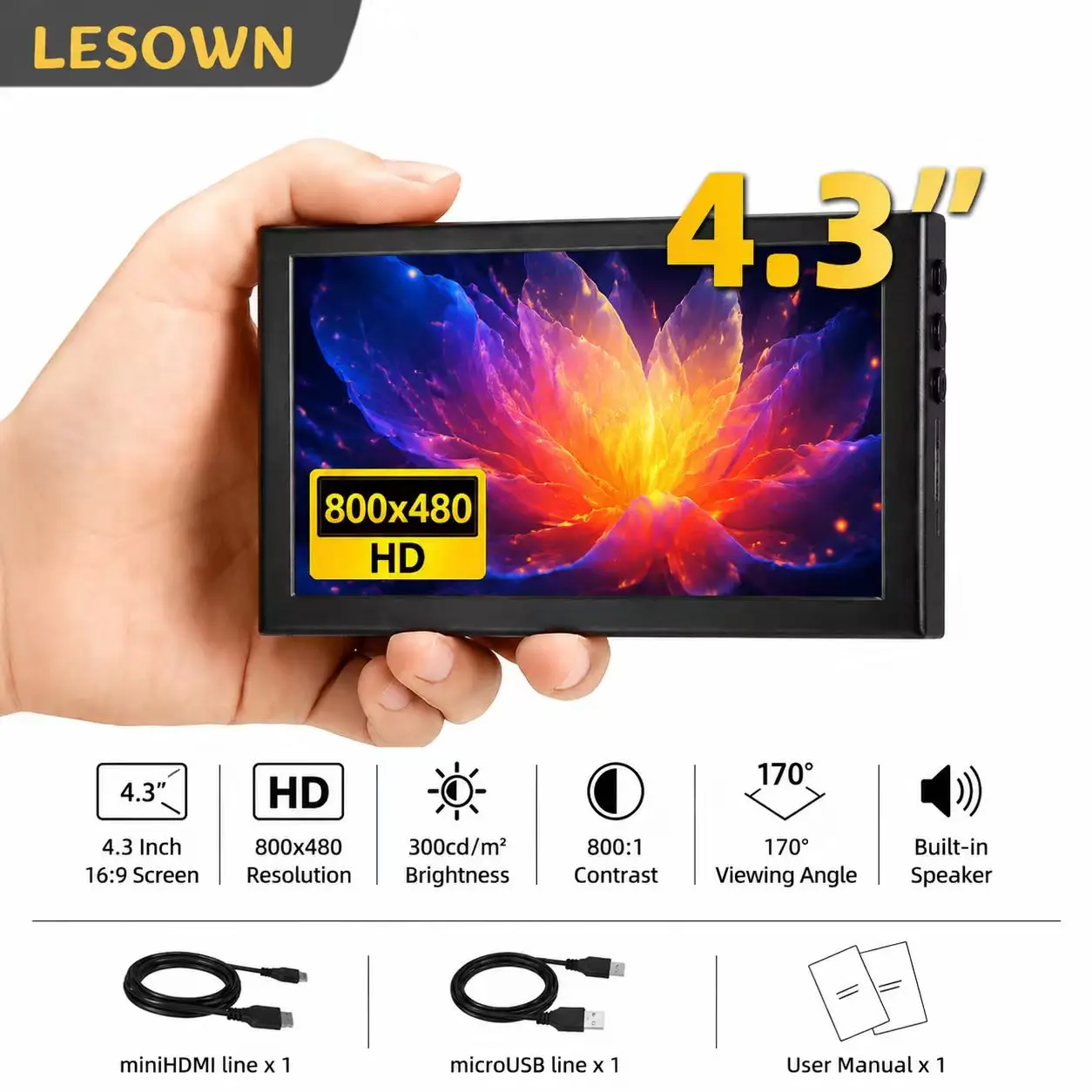 LESOWN Mini PC Chassis Display 4.3 Inch 800x480 Aluminum Auxiliary Panel miniHDTV Monitor for ATX ITX Desktop PC