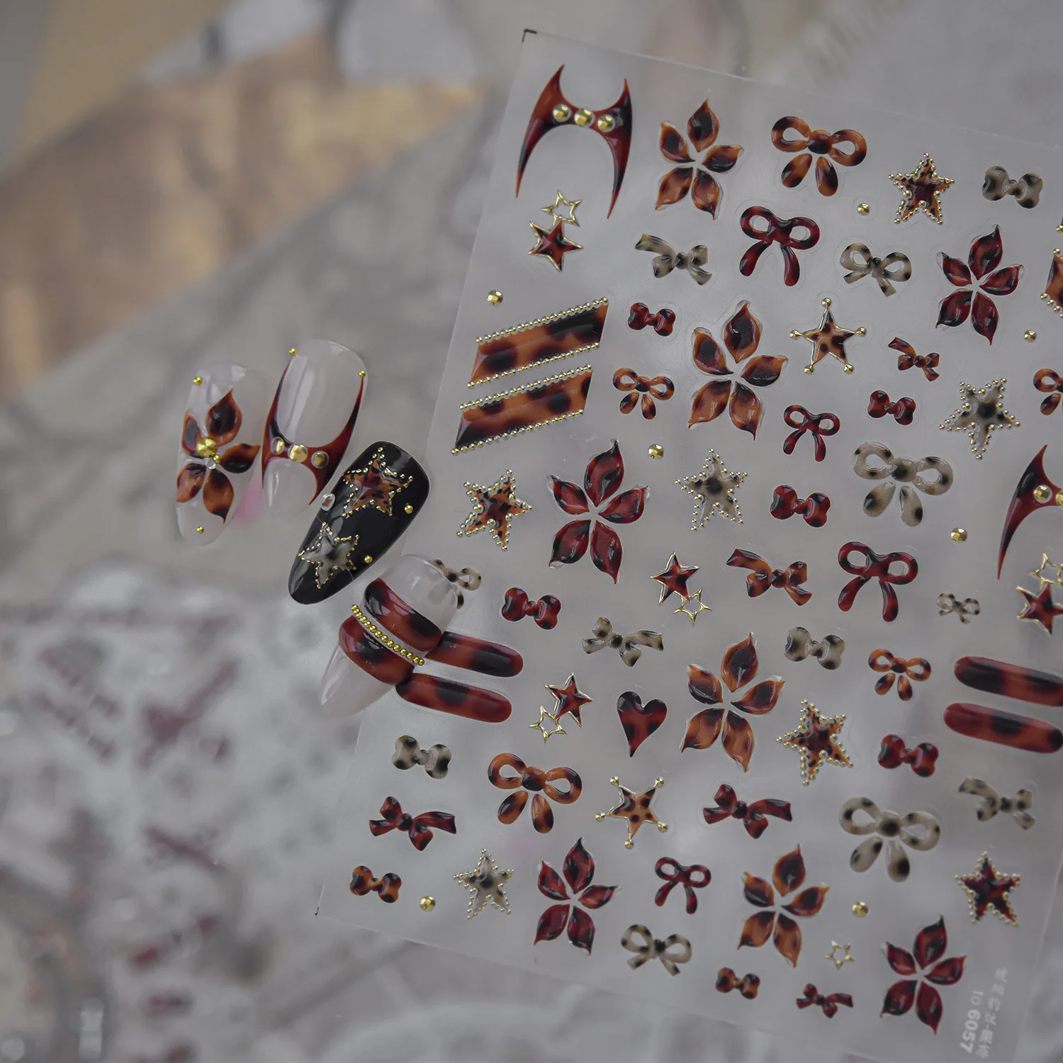 Retro Gothic 5D Nail Decals Tortoiseshell Amber Bow Flower Star Bat Devil Horn Long Stripe Gold Dot Rivet Nail Sticker Manicure