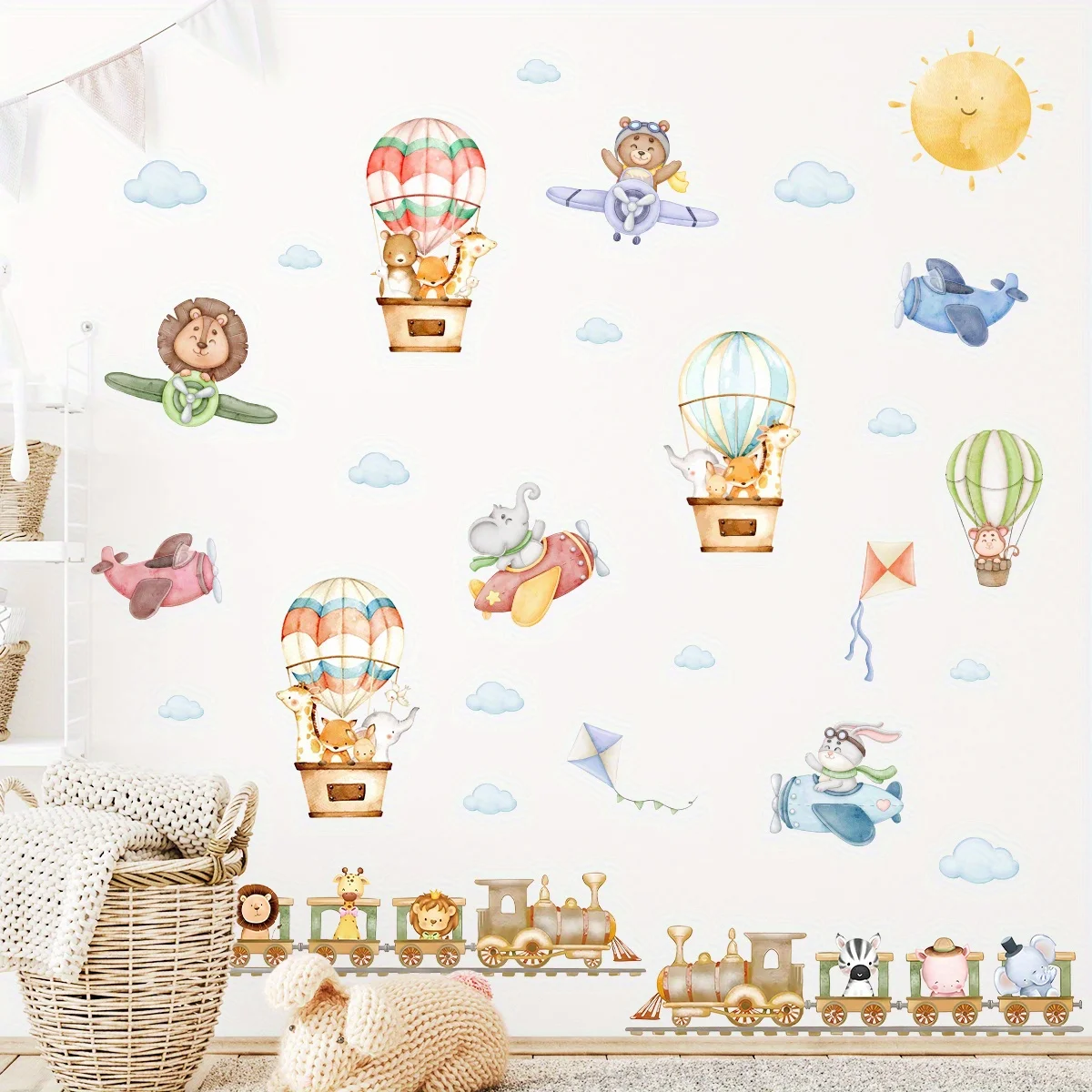 Cute Cartoon Lion Bear Rabbit Airplane Sun Train Animal Wall Stickers for Kids Room Living Room Nursery Decoration Wall Decals