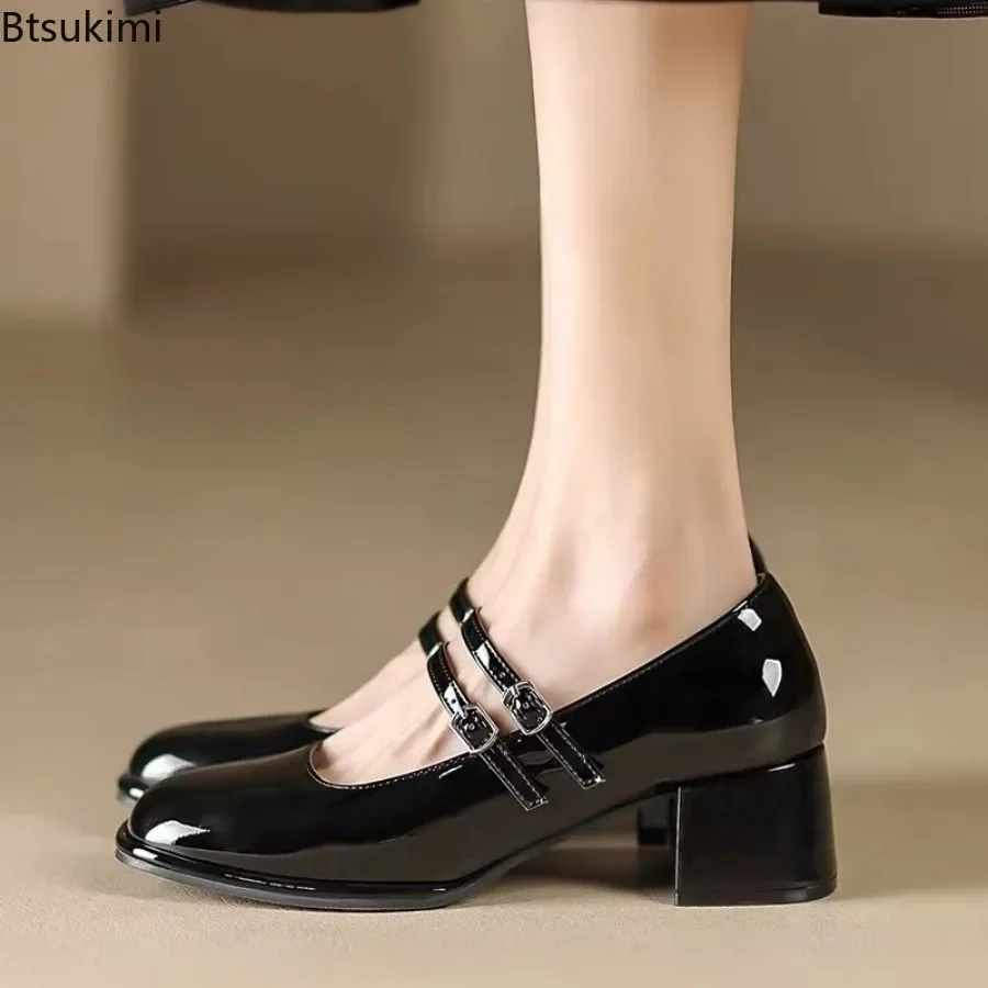 New 2025 Spring Leather Straps Square Head Thick Heel Mary Jane Shoes Women's Low Heel Follow-up Shoes Womens Shoes High Heels