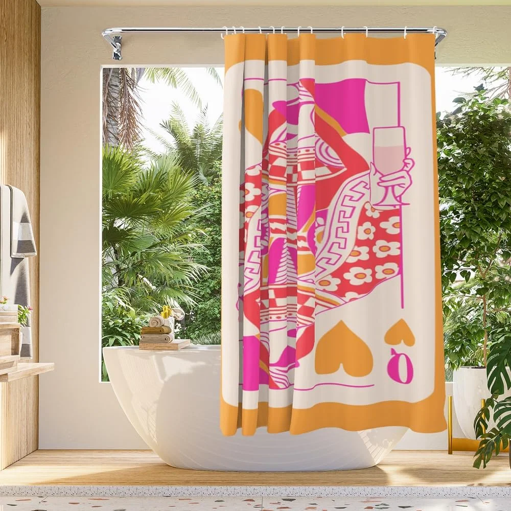 VIKAMA Queen of Hearts Playing Card Shower Curtain Retro Color Block Print Waterproof & Mildew-Proof Bathroom Partition Curtain