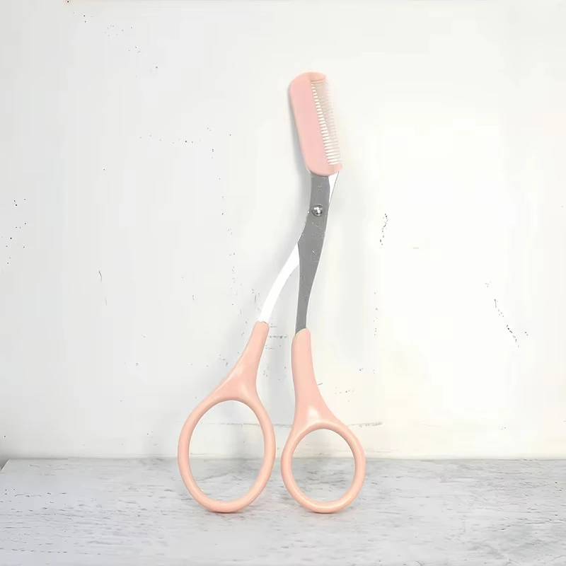 Forbici per tagliare le sopracciglia rosa con pettine incorporato Strumento per toelettatura preciso in acciaio inossidabile per accessori di bellezza per il trucco delle donne
