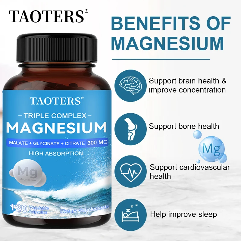 Magnesium Malate + Glycine + Magnesium Citrate 300 Mg - Supports Heart Health and Muscle Function; Improves Energy, Mood