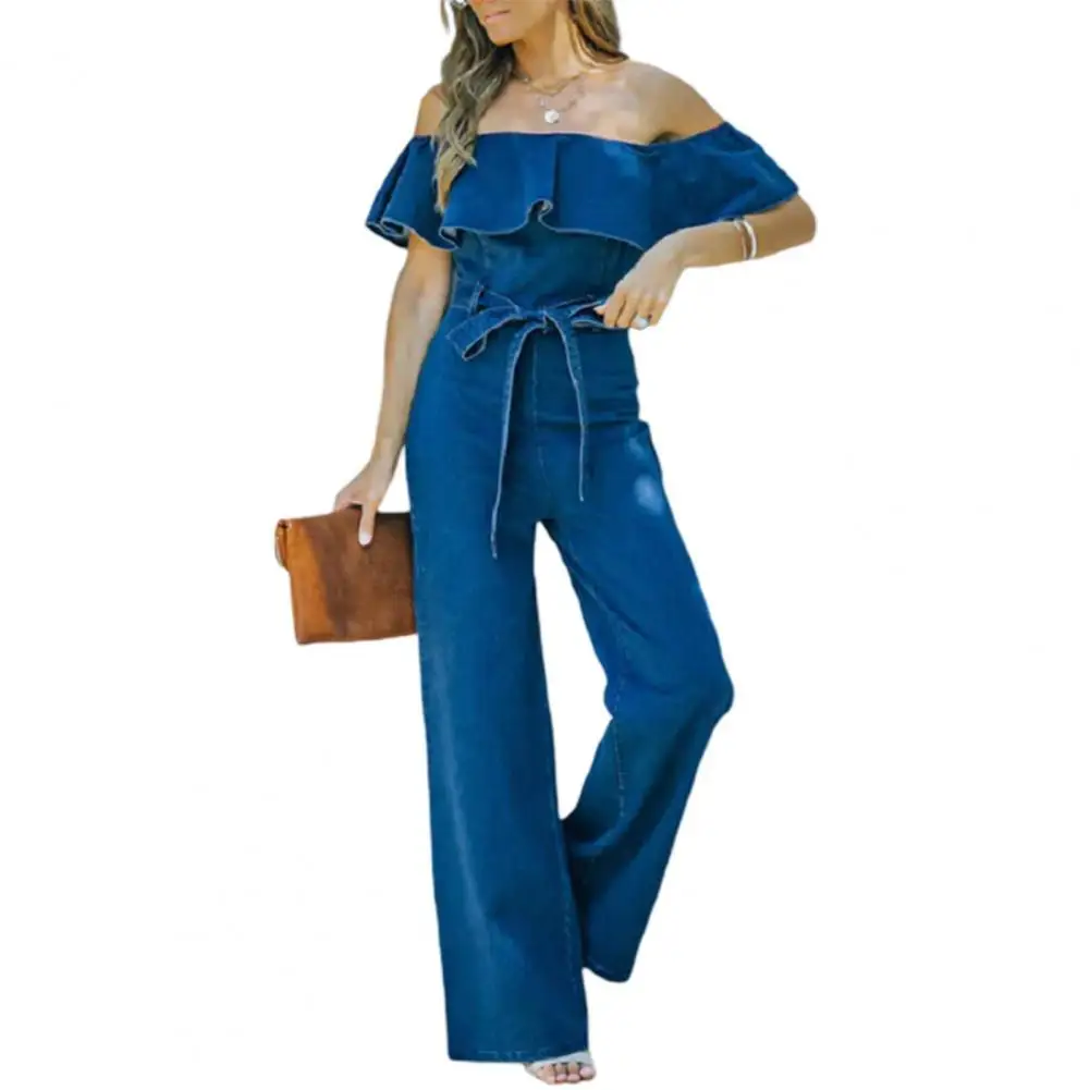 

Elegant Attractive Pure Color High Waist Jumpsuit Faux Denim Thin Jumpsuit Sleeveless for Office