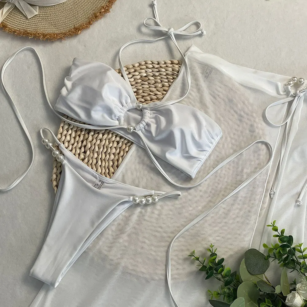 

3 Pieces Sexy Bikini Bandeau Bikini Set Women Swimsuit Female Swimwear 2025 Cover-Ups Bathing Suit Beachwear Biquini