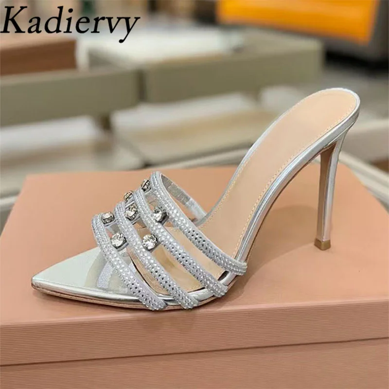 

Летние тапочки на высоком каблуке, женская обувь для подиума со стразами, женские сандалии из натуральной кожи, женские тапочки на тонком каблуке