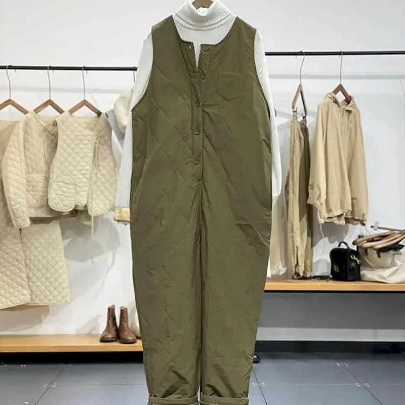 Women Solid Rhombic Jumpsuits Warm Thick Straight Pants One Piece Outfit Women Rompes Plush Loose Workwear Vintage Overalls