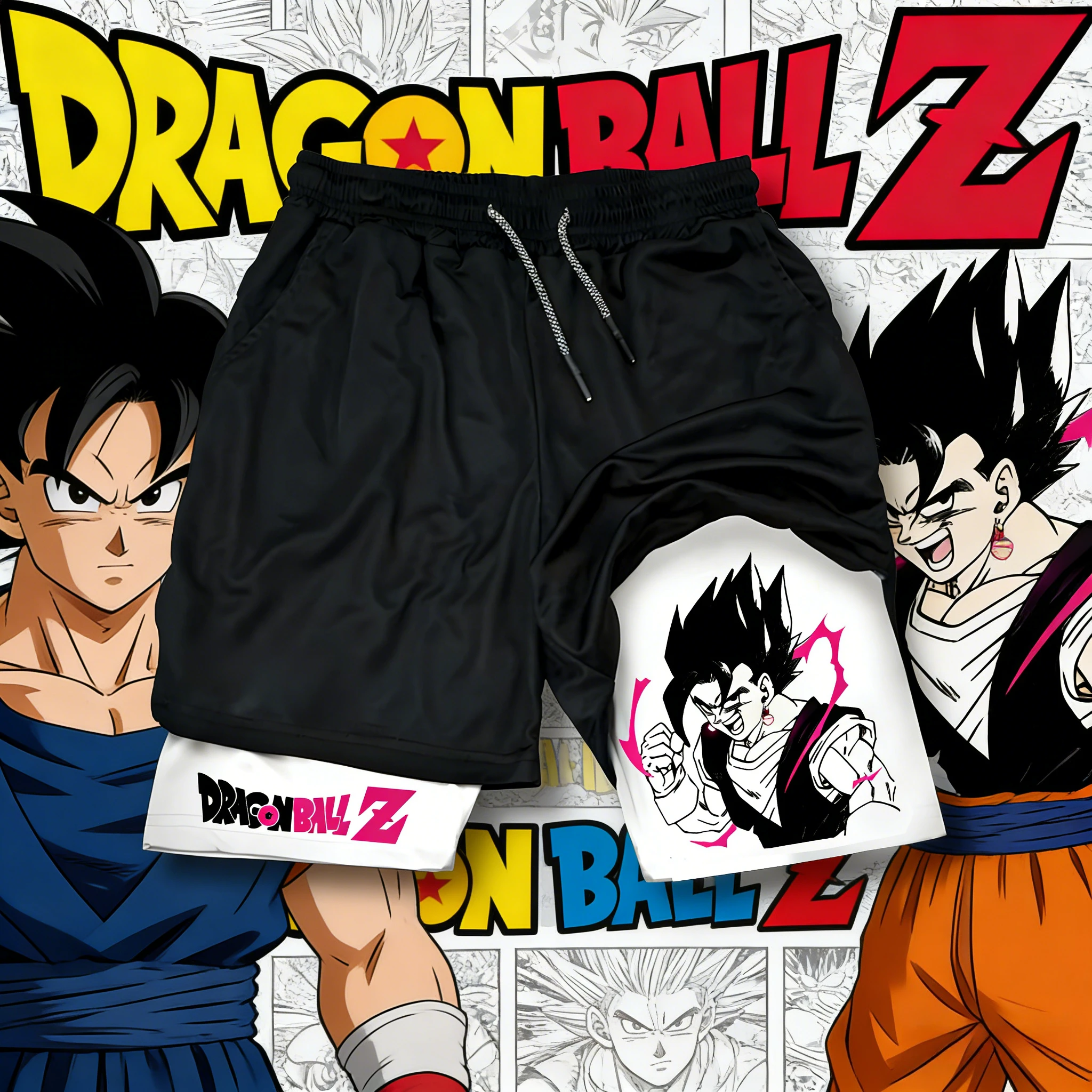 

Летние двухслойные шорты с принтом Dragon Ball Vegito 2026, быстросохнущие мужские свободные шорты для фитнеса и бега, модные повседневные шорты больших размеров