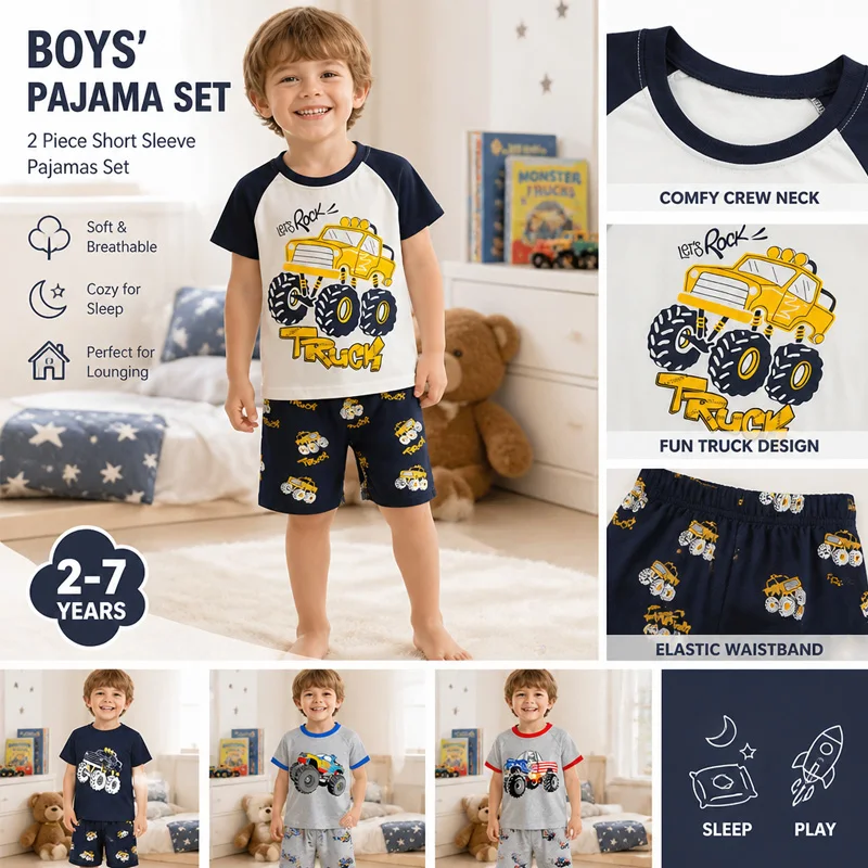 Little Hand Kids 100% Cotton Jeep Pyjamas Short Sleeve Nightwear Truck Pattern Summer Loungewear Set for 2-7Y Boys