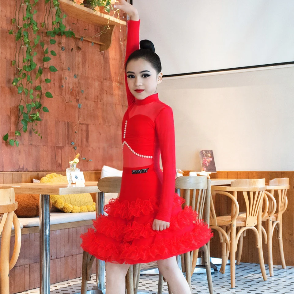 Trajes de baile latino para niñas, faldas divididas con mangas de malla roja, traje de Samba Chacha, ropa de baile latino XH3969, 2026