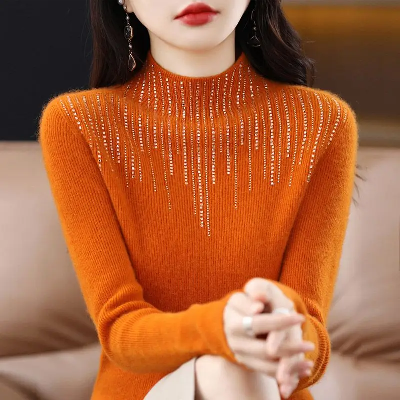 Autumn and Winter Women's Pullover Half High Neck Long Sleeve Slim Fit Solid Diamonds Knitted Bottom Fashion Casual Tops