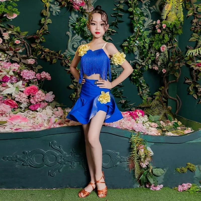 Child Samba Tango Latin Dance Dress Girls Cha Cha Ballroom Dance Costume Fringe Latin Dress Kids Competition Dress Practice Wear