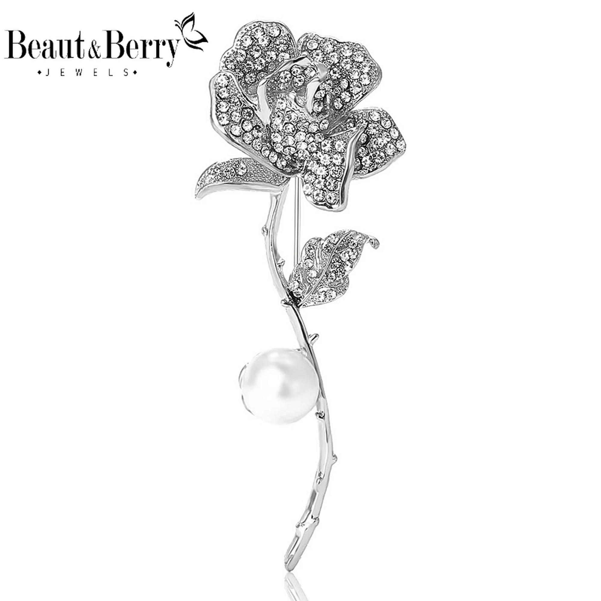 

Beaut&Berry Elegant Rhinestone Pearl Rose Flower Brooches for Women Unisex Plant Pins Casual Party Accessories New Gifts Friends