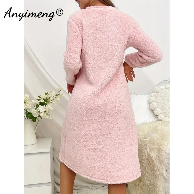 Flannel Night Gown for Women Winter Long Sleeves Heart Print Nightgowns Woman Soft Sleepshirt Pink Pullover Pajama Dress