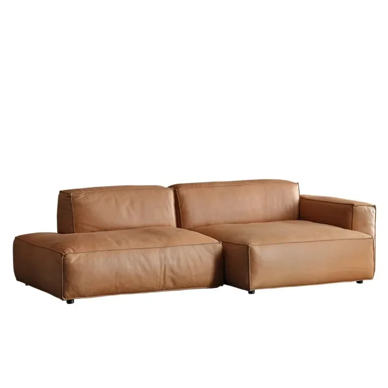 

French medieval first layer cowhide sand corner retro oil wax leather tofu block leather sofa