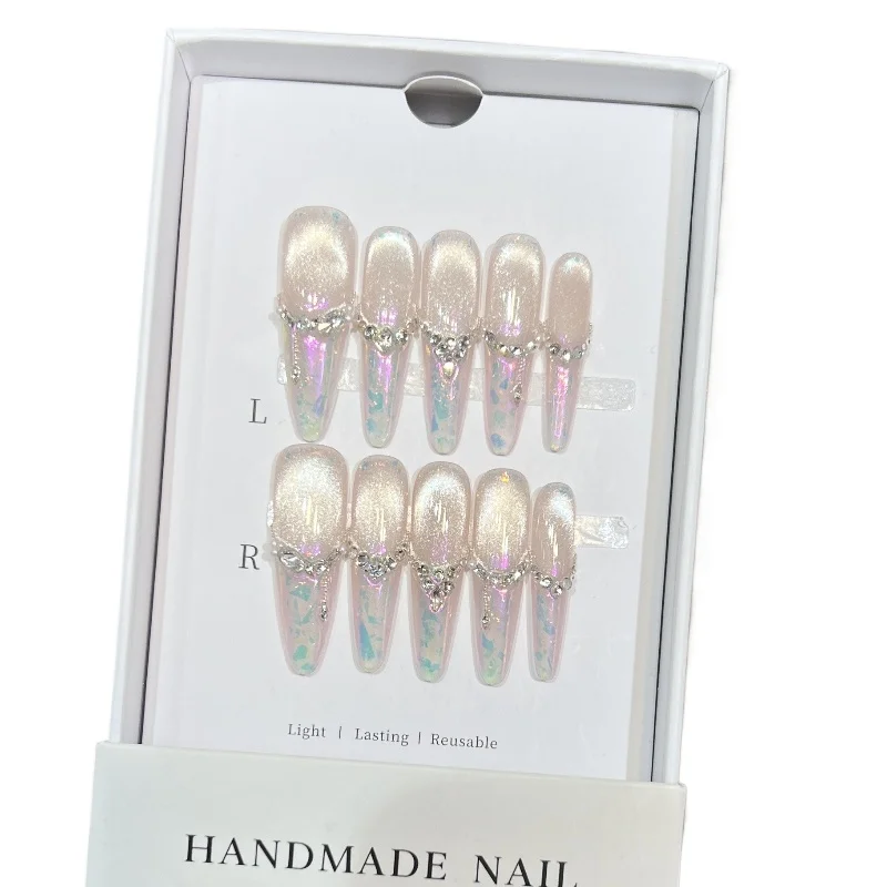 

[Zixia Fairy] Handmade Wearing Nail Advanced Symphony Silver Foil French Broken Diamond Cat's Eye Nail Art