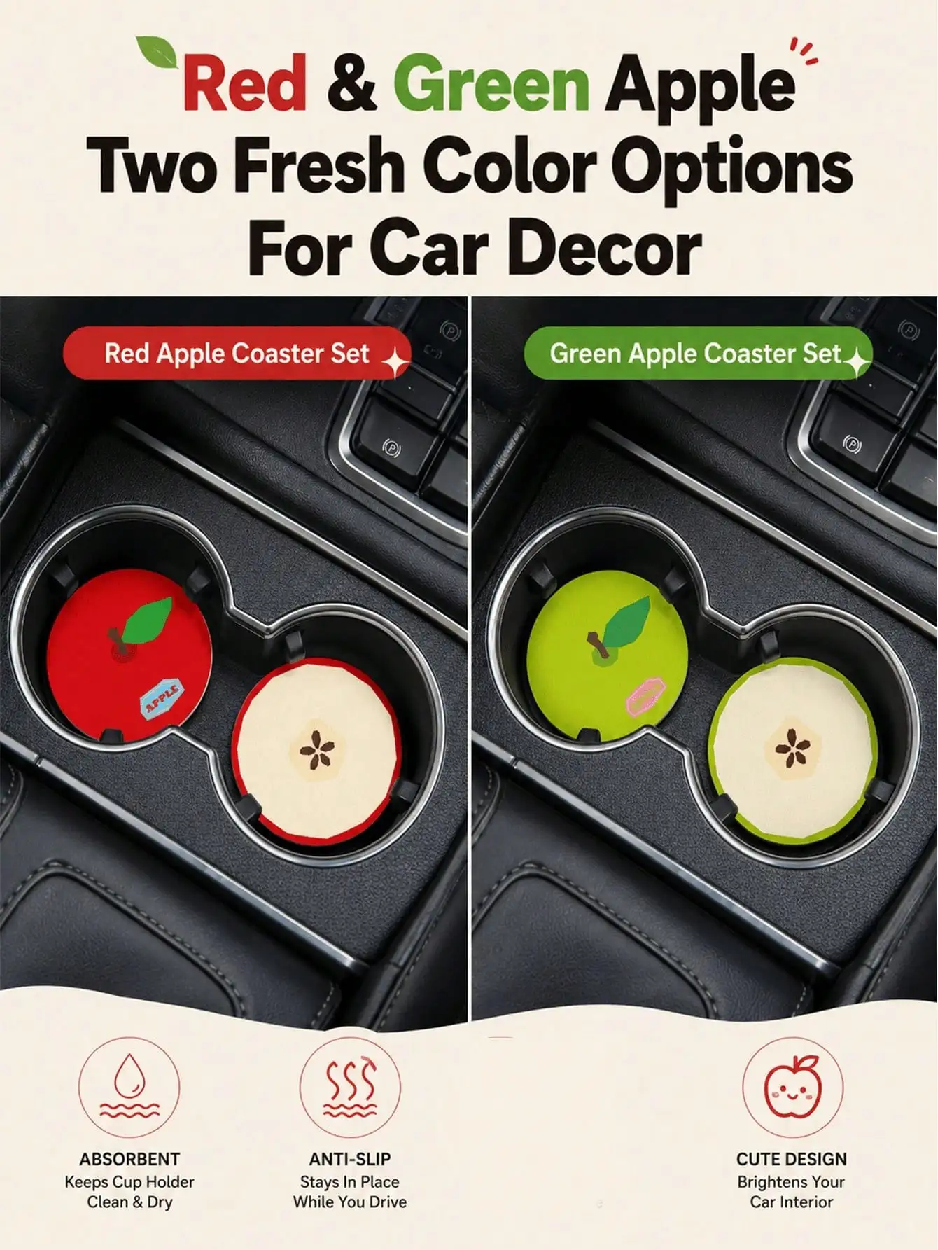 2 Pack Adorable Fruit Car Cup Holder Mats Absorbent Anti-Scratch Non-Slip Universal Cute Vehicle Interior Decor Coasters view 4
